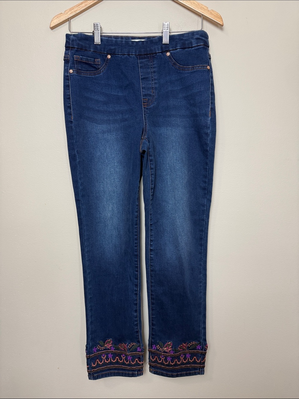 Northern Reflections Navy Straight Leg Jeans with Floral Embroidered Hem size 6